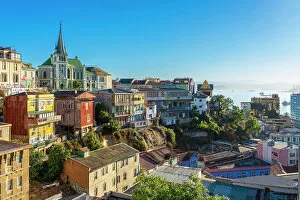 Images Dated 4th August 2022: Colorful houses and Lutheran Church of the Holy Cross, Cerro Concepcion, UNESCO, Valparaiso