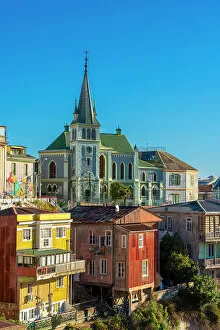 Images Dated 4th August 2022: Colorful houses and Lutheran Church of the Holy Cross, Cerro Concepcion, UNESCO, Valparaiso