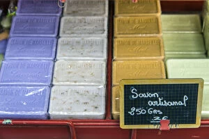 Images Dated 4th August 2015: Colorful Marseille soap bars on sale at the market in Saint-Remy-de-Provence, Provence