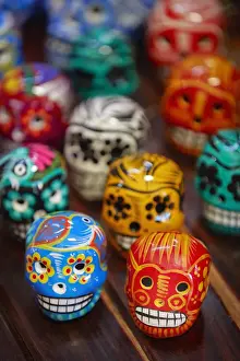 Shop Prints: Colorful Mexican skullls (Calaca) on sale in a souvenir shop of the Campeche historical cask