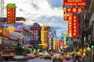 Blurred Motion Gallery: Colorful neon signs on Yaowarat Road at night, Chinatown, Bangkok, Thailand