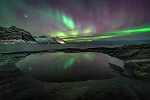 Aurora Borealis Prints: Colorful Northern Lights over Devil's Teeth rock pinnacles