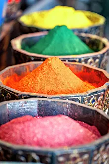 For Sale Prints: Colorful scented spices in cone shape in a row, Marrakesh, Morocco