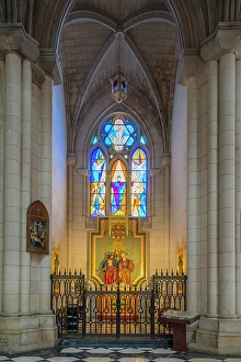 Catholicism Prints: Colorful stained glass inside Almudena Cathedral, Madrid, Spain