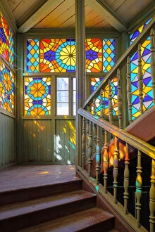 Images Dated 8th October 2019: Colorful windows in the starwell of a historic Georgian home, Tbilisi (Tiflis), Georgia