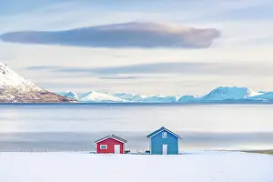 Fjord Prints: Colorful wood cabins on snowy coastline along the icy fjord at sunrise, Tromso, Norway
