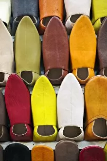Medina Gallery: Every colour of slipper is on sale in the souk in Marrakech, Morocco