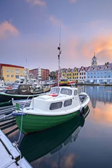 April Prints: Colourful boats and buildings in Taorshavn harbour, Faroe Islands, Denmark, Europe