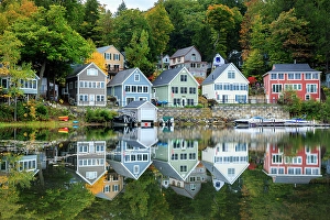 Lakeside Prints: Colourful houses on Lake Winnipesaukee, New Hampshire, New England, USA