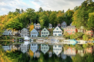 Lakeside Prints: Colourful houses on Lake Winnipesaukee, New Hampshire, New England, USA