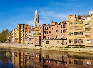Girona Prints: Colourful houses and Sant Feliu Basilica reflecting in the Onyar River, Girona or Gerona