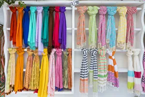 Images Dated 10th October 2018: Colourful scarves for sale, Chora (Mykonos Town), Mykonos, Cyclades Islands, Greece