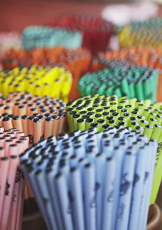 Images Dated 19th September 2011: Colourful souvenir chopsticks in Chinatown, Singapore