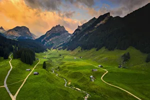 Canton Of Appenzell Prints: Colourful sunrise in the valley, Canton of Appenzell, Alpstein, Switzerland, Europe