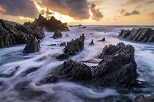 North Devon Prints: Colourful sunset over dramatic coast of North Devon, England