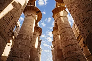 Images Dated 21st March 2019: Columns and blue sky at Great hypostyle hall in the Precinct of Amun Re - Karnak Temple