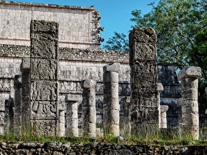 Masonry Prints: Columns with reliefs at the Temple of the Warriors, Chichen Itza, Yucatan State, Mexico