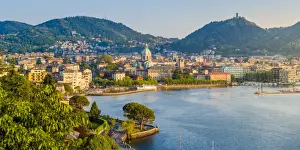 Como, Lombardy, Italy. High angle view cityscape of Como and the lake front, with