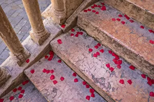 Confetti on steps leading to the Torre di Lamberti, Verona, Veneto, Italy