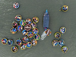Hoi An Prints: Conical tourist boats on Thu Bon River, Hoi An, Central Vietnam