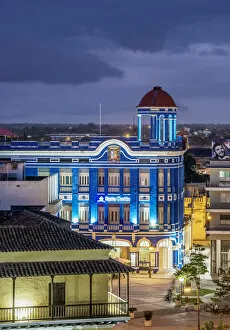 Colonial Gallery: Convention Center Santa Cecilia at dusk, elevated view, Camaguey, Camaguey Province, Cuba