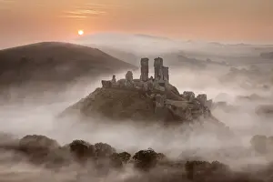 Daylight Prints: Corfe Castle at dawn surrounded by mist, Dorset, England