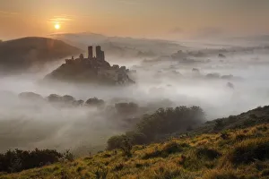 Corfe Castle in the mist, Dorset, England