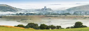 Fortification Collection: Corfe Castle in the mist, Isle of Purbeck, Dorset, England, UK