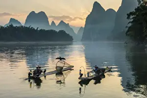 Two People Prints: Cormorant fishermen on Li River, Guangxi Zhuangzu Zizhiqu, Guangxi Yangshuo, China