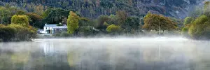 Keswick Prints: Cottage in Mist on Derwent Water, Lake District National Park, Cumbria, England
