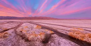 Natural Arch Prints: Cottonball Basin salt flats, channels and Panamint Mountains at sunrise