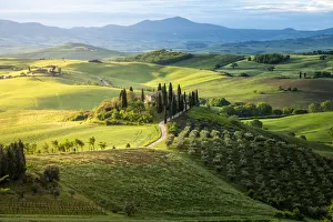 Country house on rolling hills in Val d Orcia, Tuscany, Italy