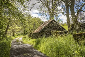 Perth And Kinross Prints: Country road with stone hut at Blacklunans, Blairgowrie, Perth and Kinross, Scotland