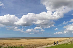 Images Dated 5th May 2023: A couple cycle along a section of dyke along the Wadden sea in NW Friesland, Holland, Netherlands