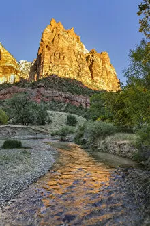Court of Patriarchs reflecting in Virgin River, Zion National Park, Colorado Plateau