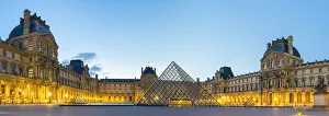 Street Lamp Prints: Courtyard and glass pyramid of the Louvre Museum at sunrise, Paris, Ile-de-France