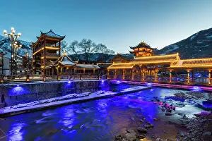 Temples Prints: Covered bridge at dusk, Songpan, China