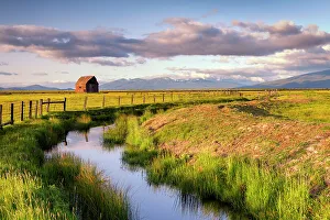 Waters Edge Prints: Creek leading to Barn, Chiloquin, Oregon, USA