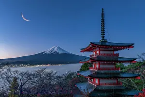 Fuji Prints: Crescent Moon over Mt. Fuji & Chureito Pagoda, Fujiyoshida, Yamanashi Prefecture, Japan