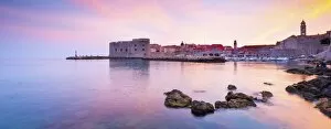 Croatia, Dalmatia, Dubrovnik, Old town, Sunset over the city walls and harbour