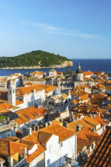 Croatia, Dalmatia, Dubrovnik, Old town, View of the rooftops and island of Lokrum