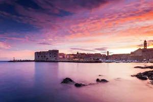 Mediterranean Collection: Croatia, Dubrovnik, Boats in the old town harbour at sunset
