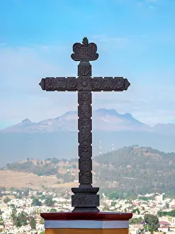 Holy Cross Prints: Cross in front of the Nuestra Senora de los Remedios Church on top of the Great Pyramid