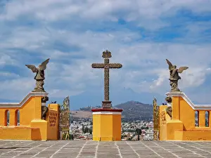 Holy Cross Prints: Cross in front of the Nuestra Senora de los Remedios Church on top of the Great Pyramid with Iztaccihuatl Volcano