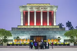 Communism Gallery: Crowd of tourists in front of Ho Chi Minh Mausoleum on Ba Dinh Square at night, Hanoi