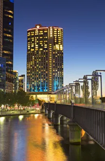 Crown Casino and Sandridge Bridge at dusk, Melbourne, Victoria, Australia