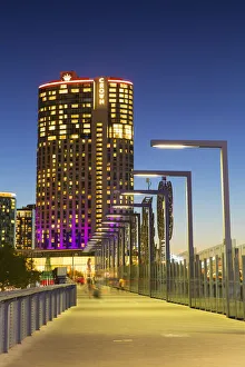 Crown Casino and Sandridge Bridge at dusk, Melbourne, Victoria, Australia