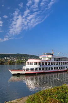 Romantic Rhine Prints: Cruise boat on River Rhine, Rudesheim, Rhineland-Palatinate, Germany