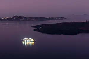 Cruiseship Prints: Cruise ship at dawn in calm waters off Firostephani