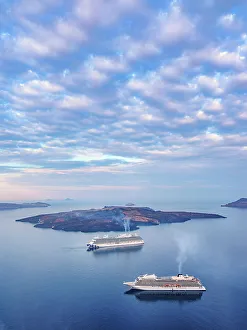 Thira Prints: Cruise Ships at the caldera seen from Fira, Santorini or Thira Island, Cyclades, Greece